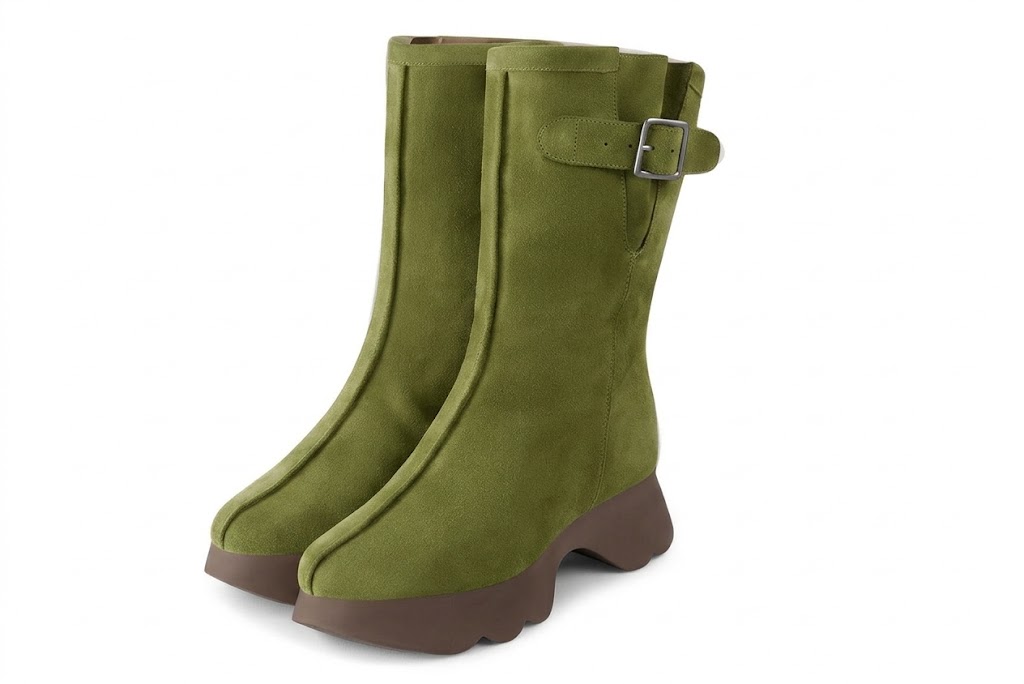 Women's pistachio green inside-zip ankle boots with round toe and chunky rubber sculpted sole - Front view